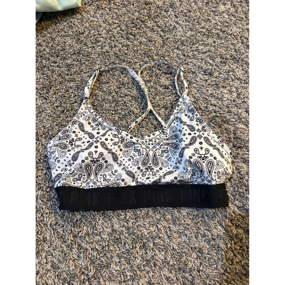Victoria's Secret PINK Paisley Bandana Strappy Sports Bra Black White